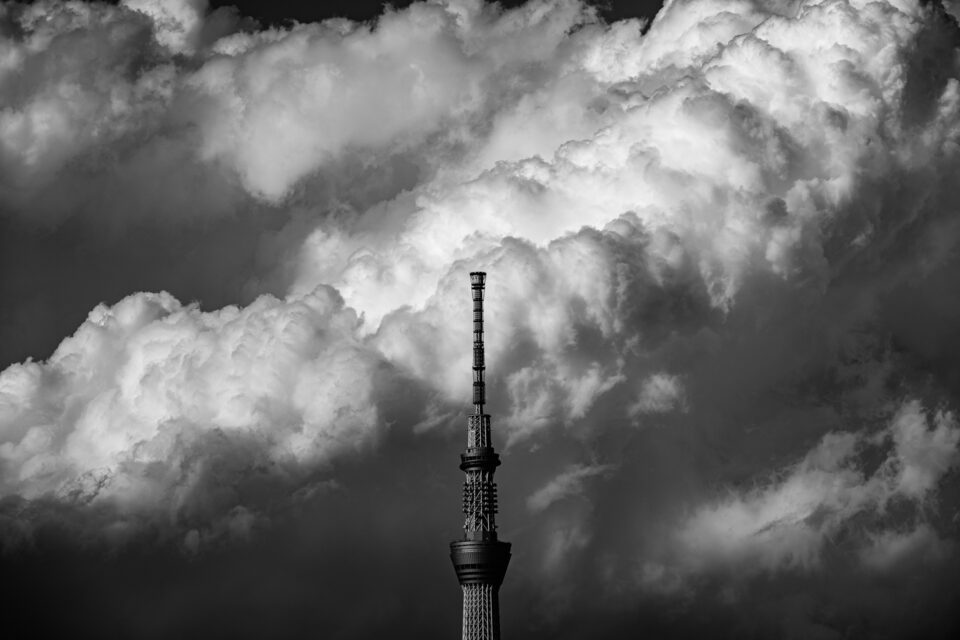 積乱雲と東京スカイツリー モノクロ