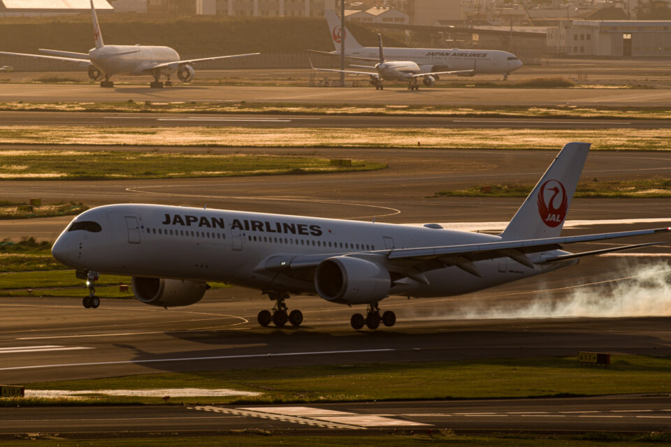 JAL A350-900 羽田の16Rにタッチダウン
