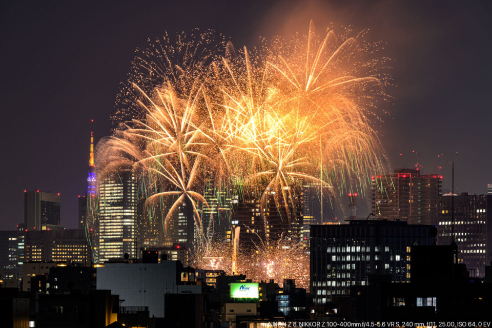 都心のビルの隙間に上がる花火